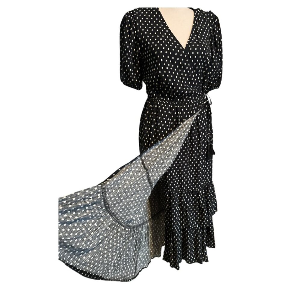 Knox Rose Black Polka Dot Wrap Dress Small Midi Puff Sleeve Boho Casual - Picture 3 of 3